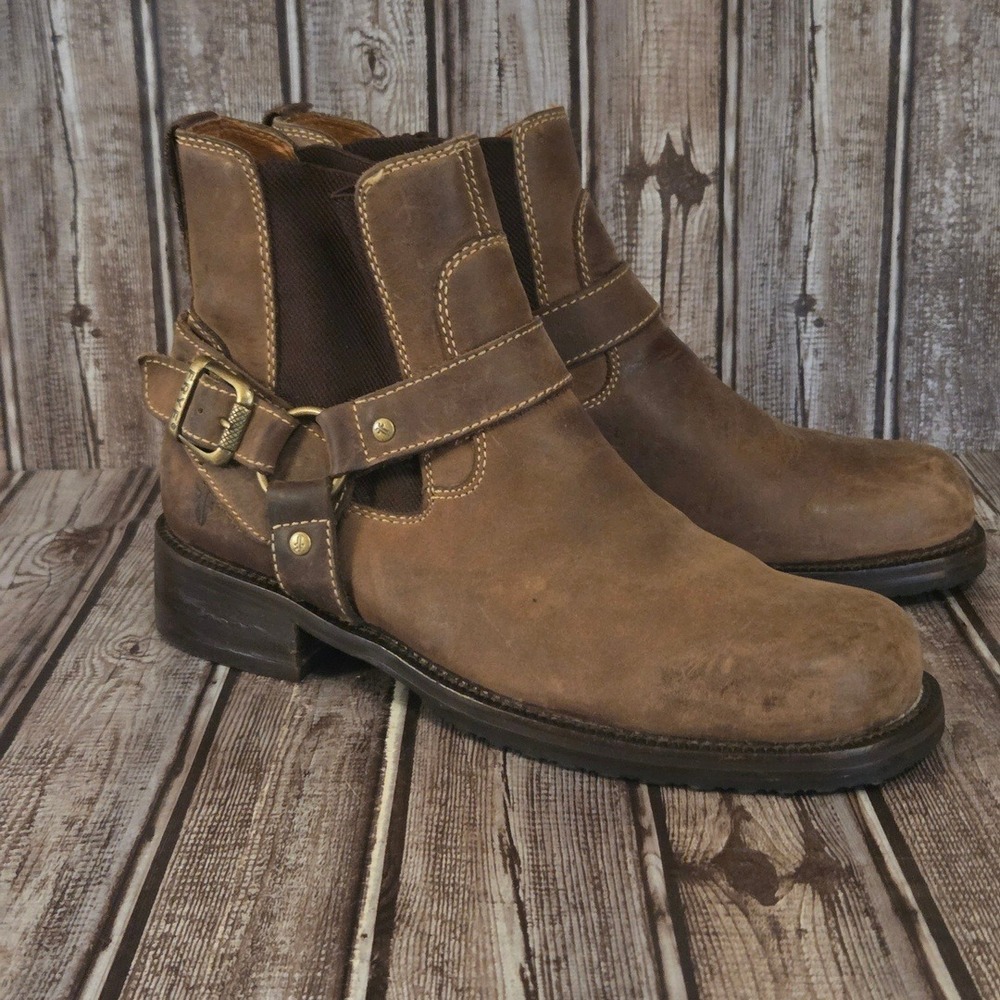 Sz 9 M Mens Frye Custer Harness Brown Leather Ankle Chelsea Moto Boots VGUC